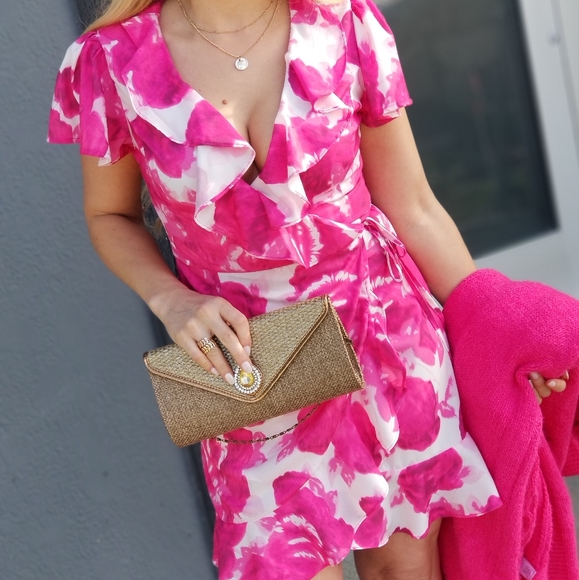 Video! Tickled Pink Floral Wrap Mini Dress - Picture 4 of 5